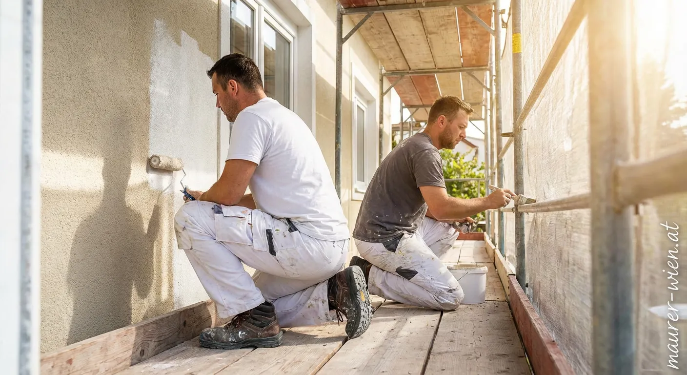 Professioneller Maler streicht Hausfassade mit Rolle